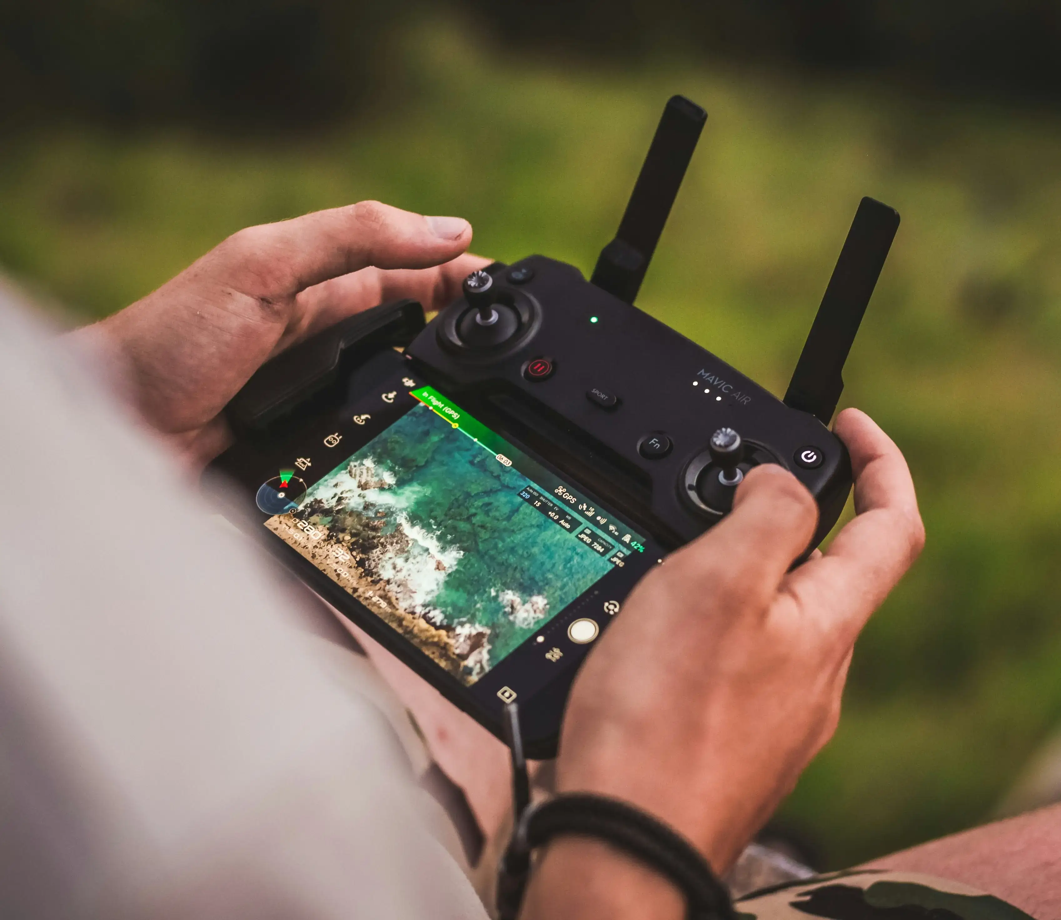 Controller of video drone in a person's hand